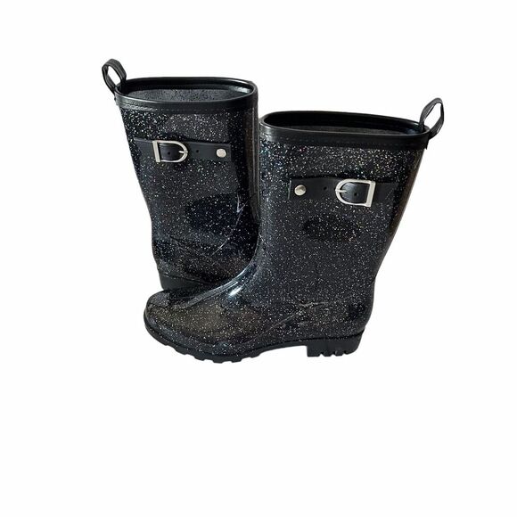 CAPELLI Womens Black Glitter Mid Calf Weatherproof Wellies Rain Boots US 6 - Picture 8 of 10